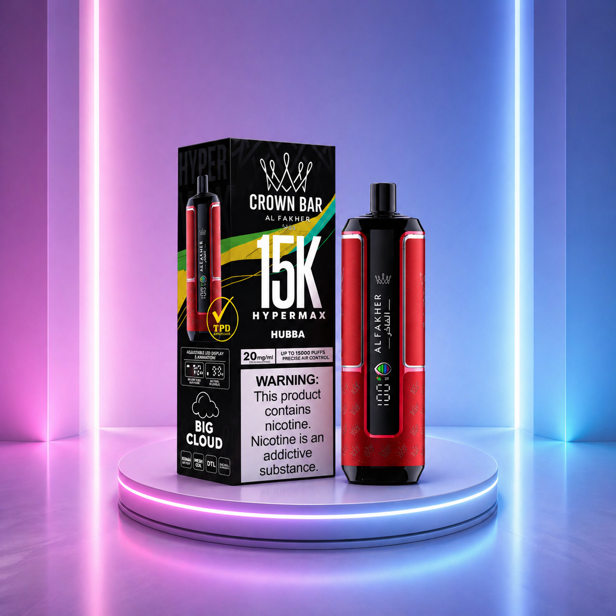 Al Fakher Crown Bar HyperMax 15K - vape descartável com muitos puffs e sabor Hubba