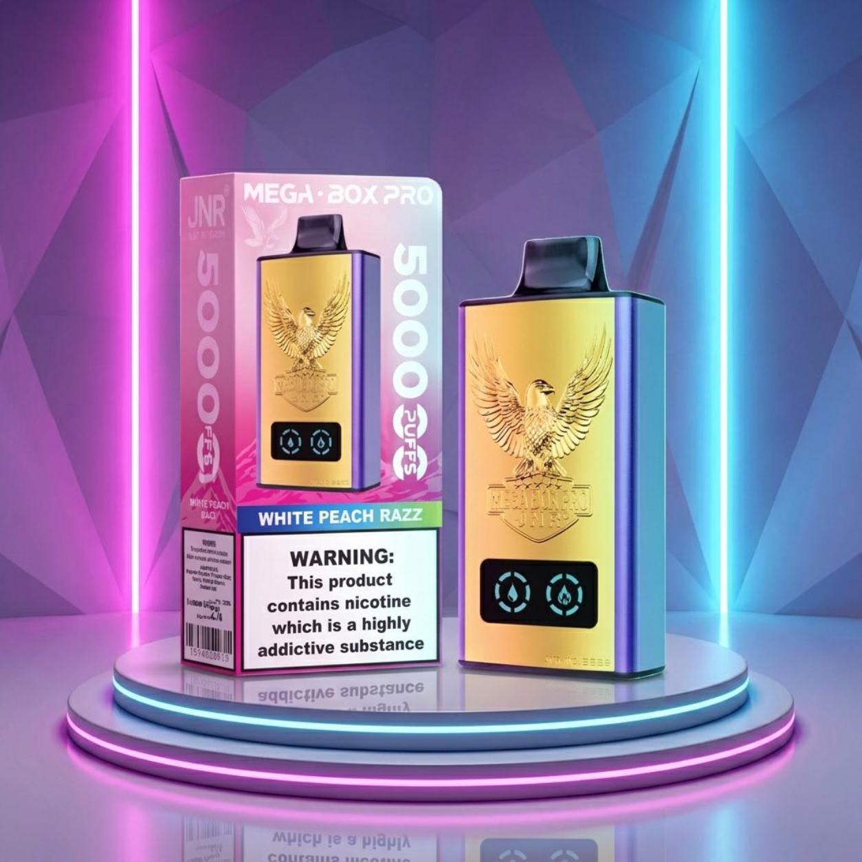 JNR Mega Box Pro 50K - vape com nicotina, 50000 puffs e sabor White Peach Razz
