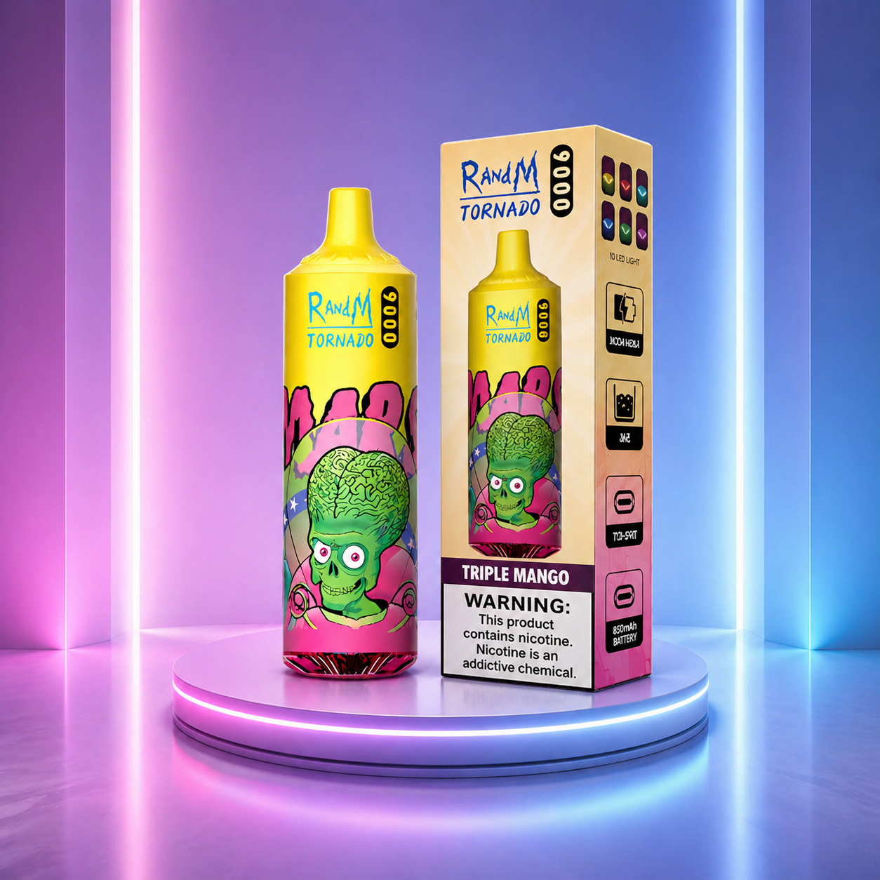 RAndM Tornado 9K - vape com nicotina, 9000 puffs e sabor Triple Mango